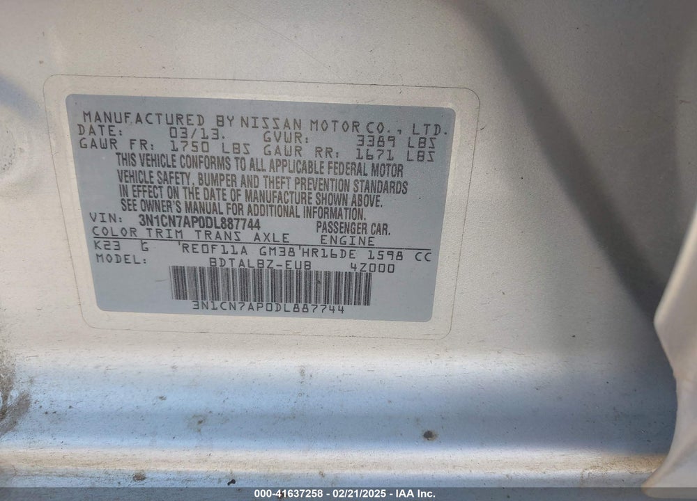 2013 NISSAN VERSA VIN: 3N1CN7AP0DL887744