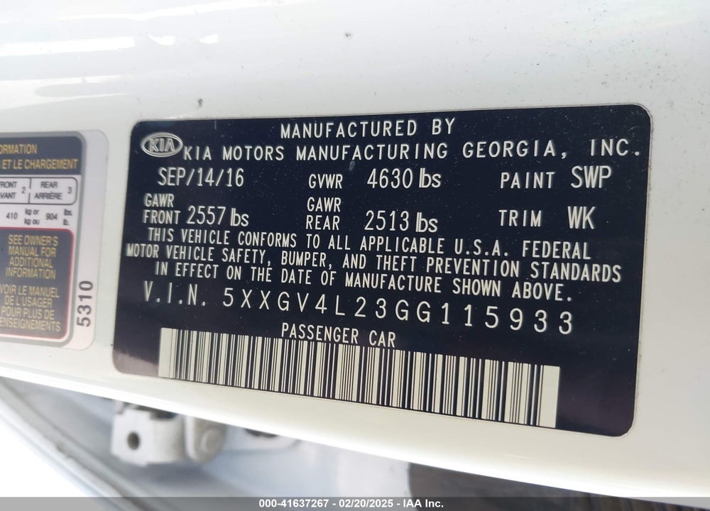 2016 KIA OPTIMA VIN: 5XXGV4L23GG115933