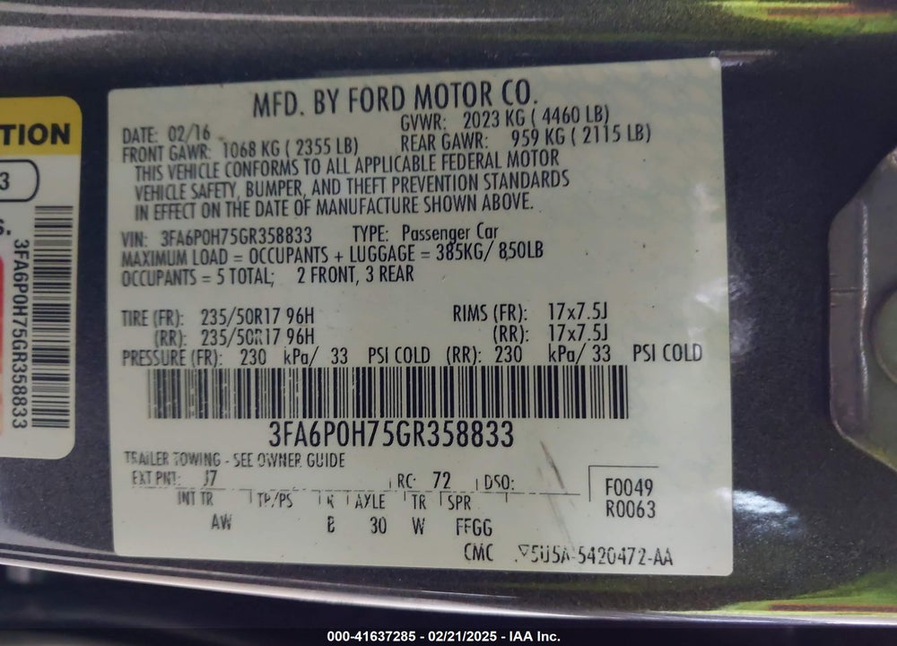2016 FORD FUSION VIN: 3FA6P0H75GR358833