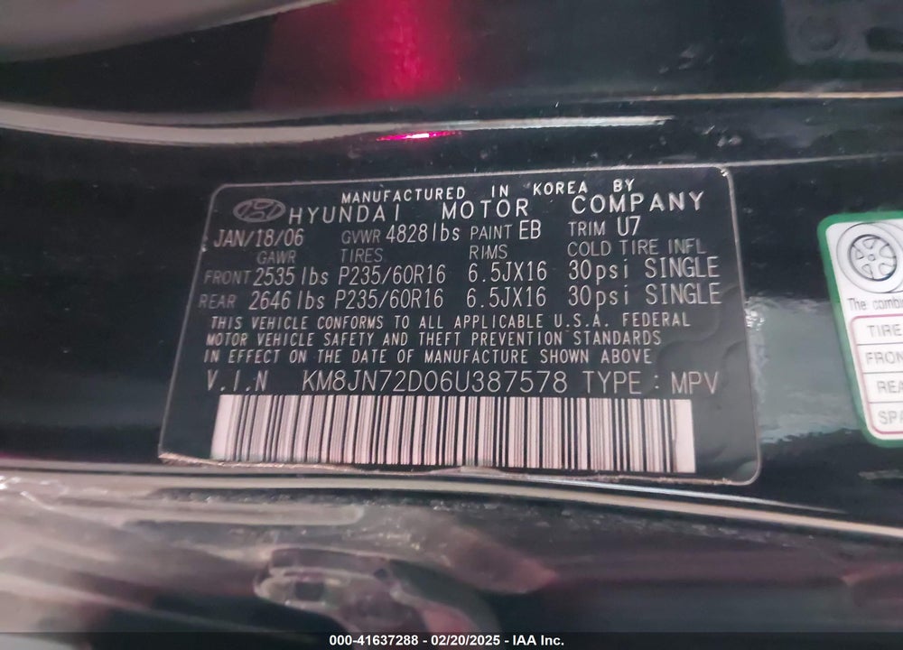 2006 HYUNDAI TUCSON GLS/LIMITED VIN: KM8JN72D06U387578
