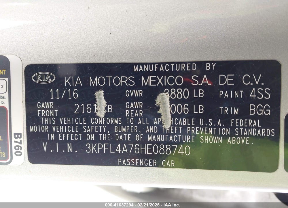 2017 KIA FORTE VIN: 3KPFL4A76HE088740