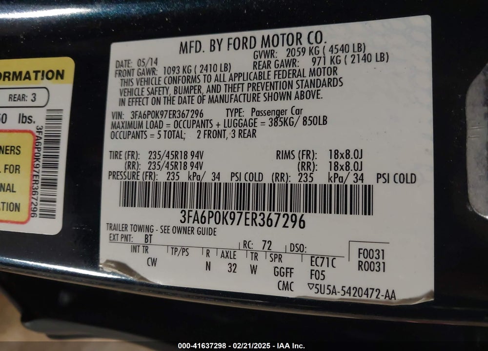 2014 FORD FUSION VIN: 3FA6P0K97ER367296