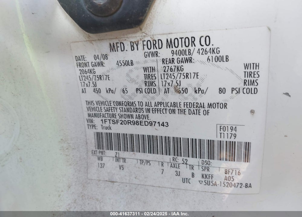 2008 FORD F-250 XL/XLT VIN: 1FTSF20R98ED97143