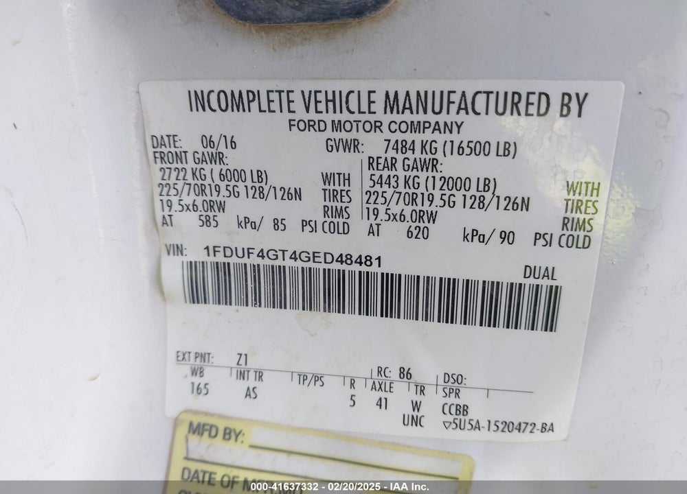 2016 FORD F-450 CHASSIS XL VIN: 1FDUF4GT4GED48481