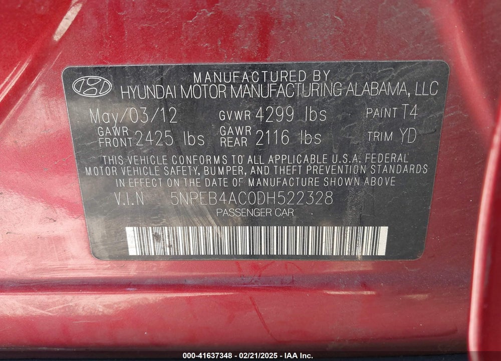 2013 HYUNDAI SONATA VIN: 5NPEB4AC0DH522328
