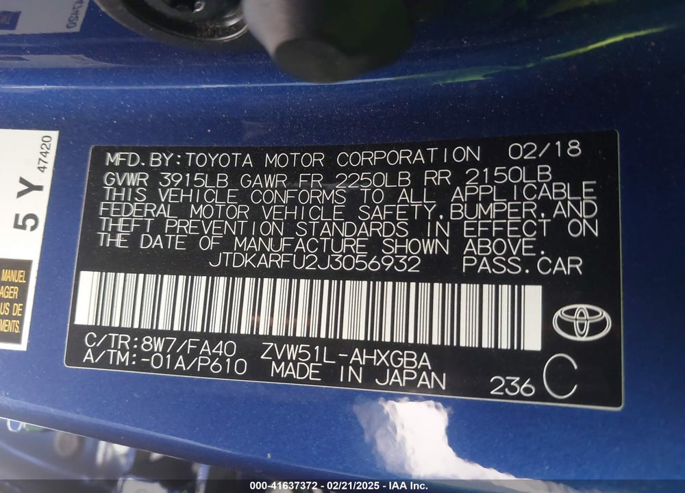 2018 TOYOTA PRIUS VIN: JTDKARFU2J3056932