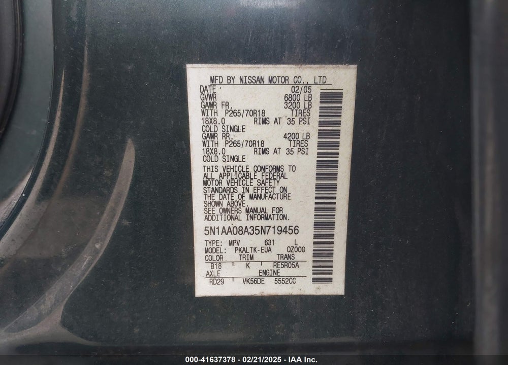 2005 NISSAN ARMADA SE VIN: 5N1AA08A35N719456
