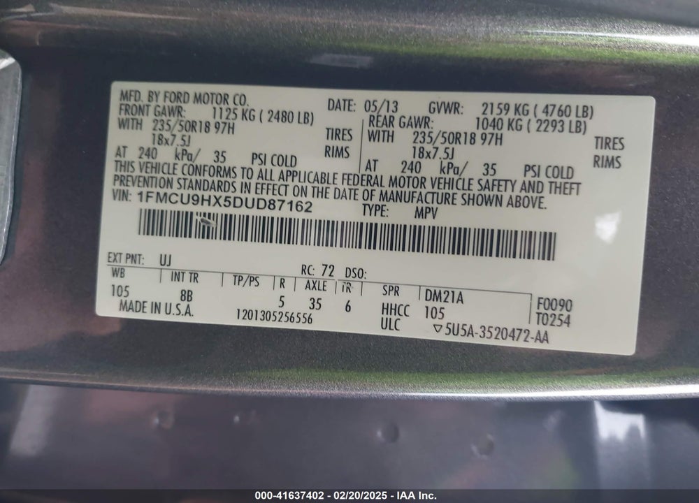 2013 FORD ESCAPE SEL VIN: 1FMCU9HX5DUD87162