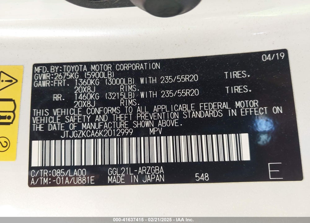 2019 LEXUS RX 350L VIN: JTJGZKCA6K2012999