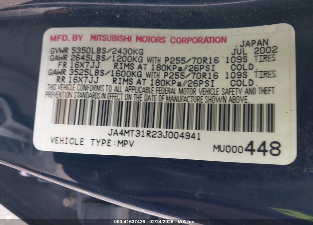 2003 MITSUBISHI MONTERO SPORT XLS VIN: JA4MT31R23J004941