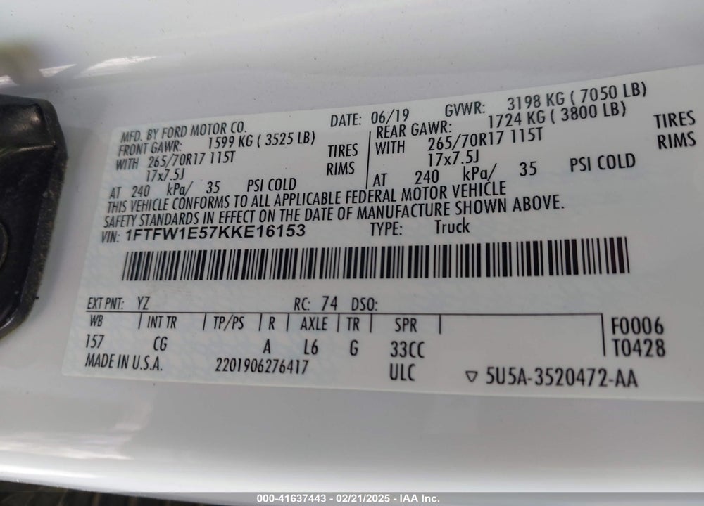2019 FORD F-150 VIN: 1FTFW1E57KKE16153