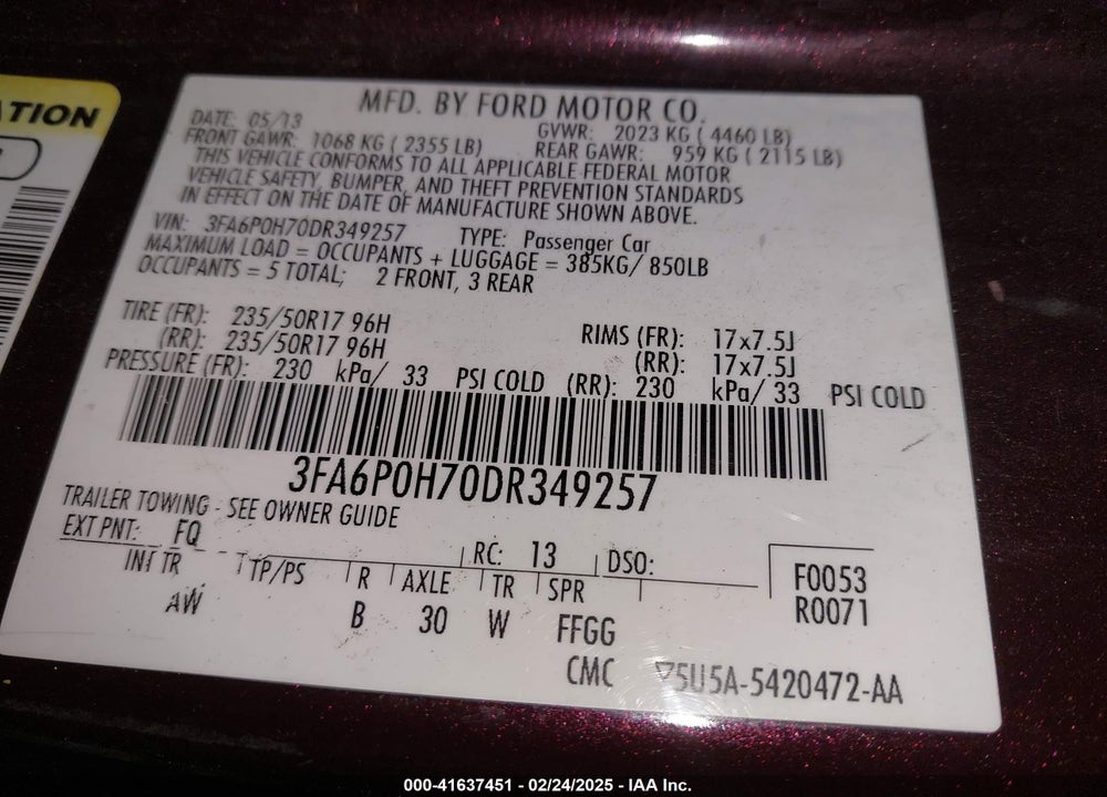 2013 FORD FUSION VIN: 3FA6P0H70DR349257