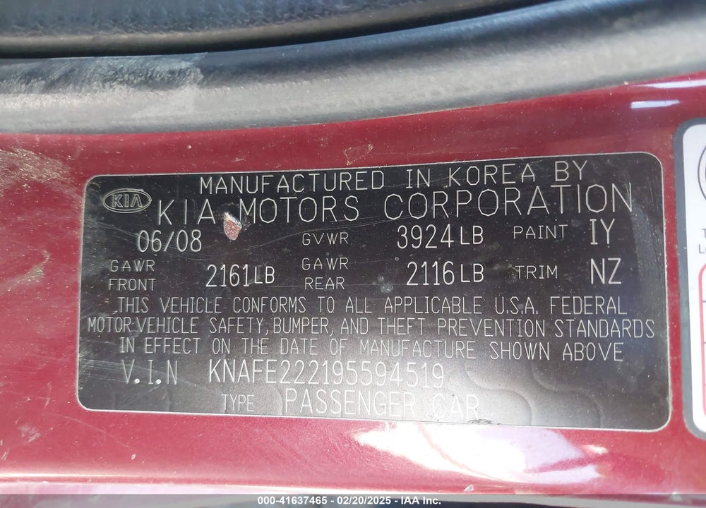 2009 KIA SPECTRA EX VIN: KNAFE222195594519