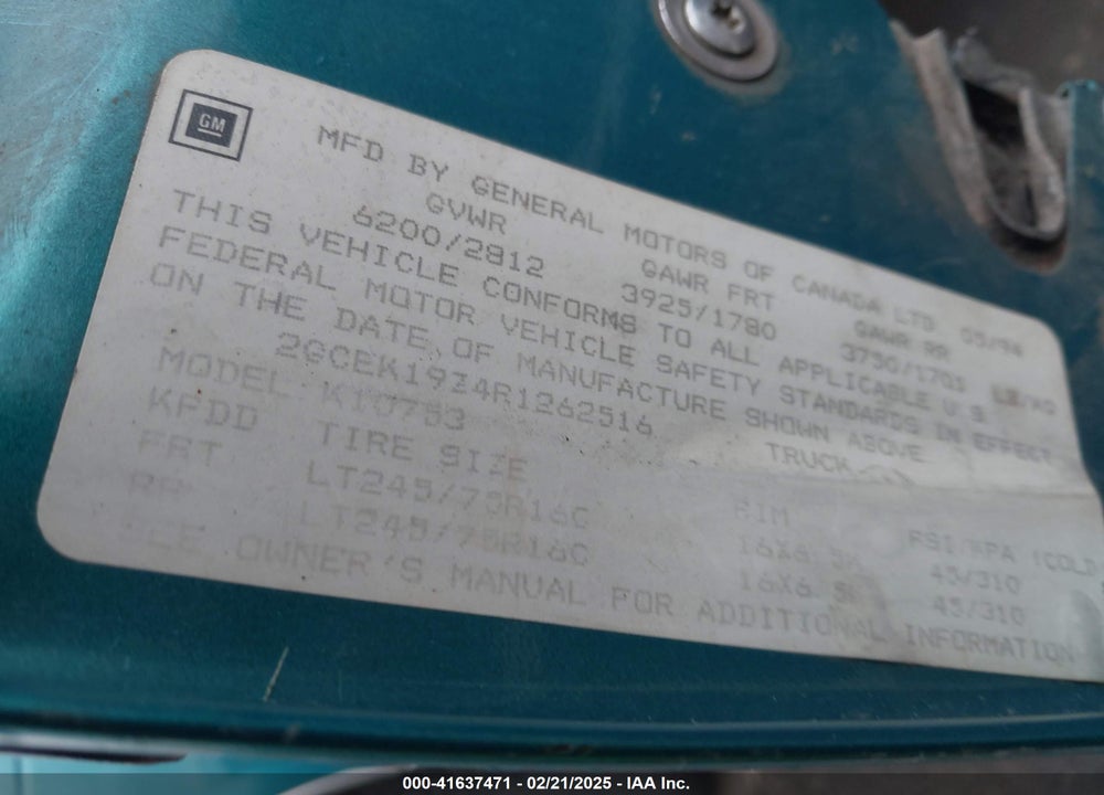 1994 CHEVROLET GMT-400 K1500 VIN: 2GCEK19Z4R1262516