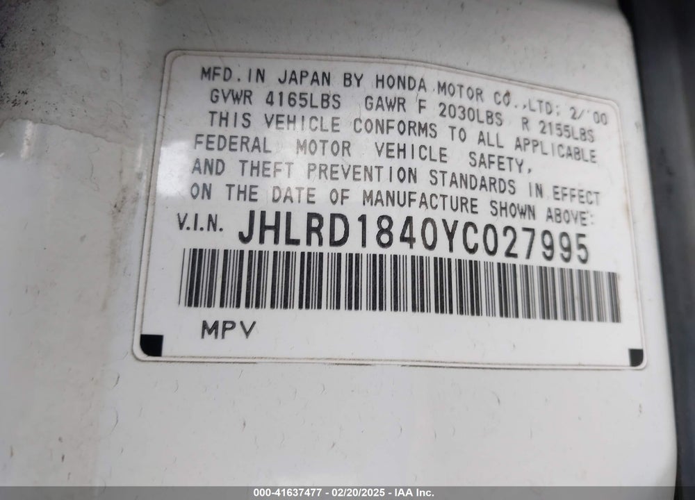 2000 HONDA CR-V LX VIN: JHLRD1840YC027995
