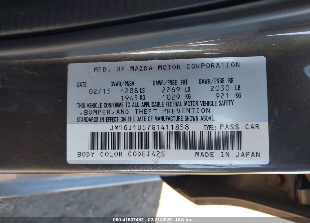 2016 MAZDA MAZDA6 VIN: JM1GJ1U57G1411858