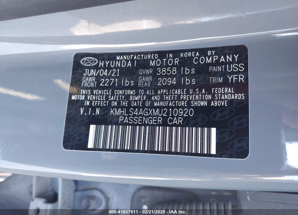 2021 HYUNDAI ELANTRA VIN: KMHLS4AGXMU210920