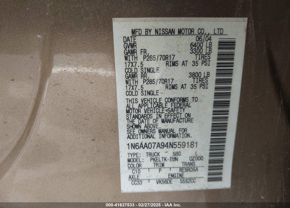 2004 NISSAN TITAN SE VIN: 1N6AA07A94N559181