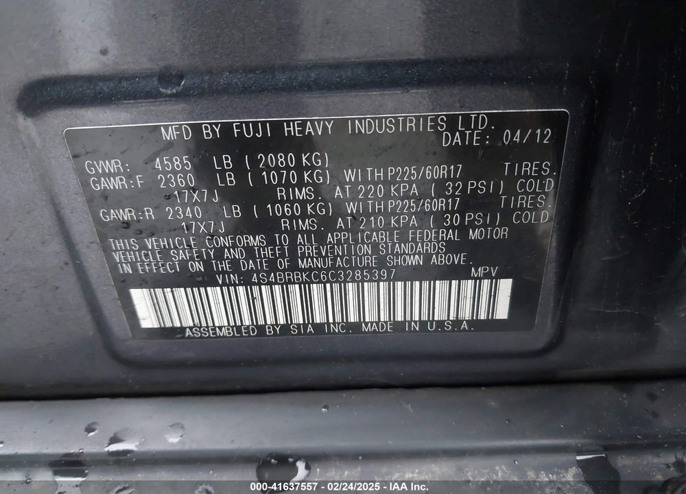 2012 SUBARU OUTBACK VIN: 4S4BRBKC6C3285397