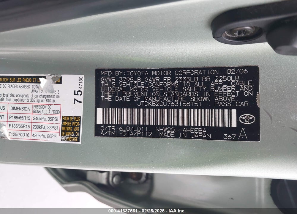 2006 TOYOTA PRIUS VIN: JTDKB20U763158151