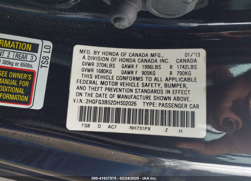 2013 HONDA CIVIC LX VIN: 2HGFG3B52DH502026