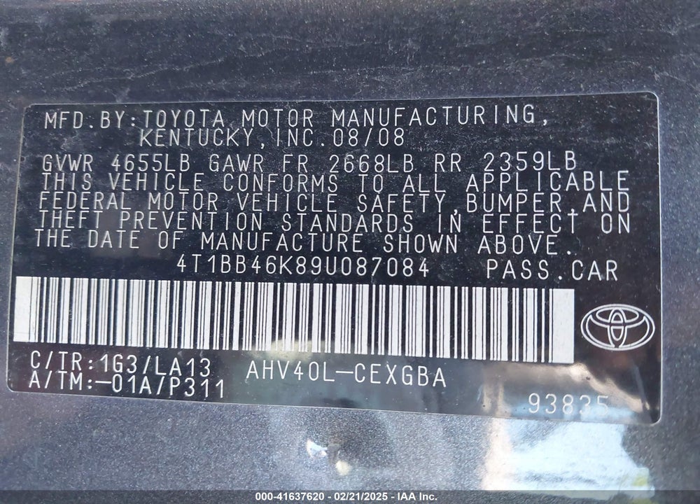 2009 TOYOTA CAMRY HYBRID VIN: 4T1BB46K89U087084