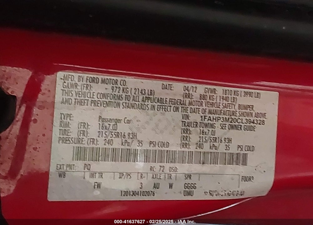 2012 FORD FOCUS VIN: 1FAHP3M20CL394328