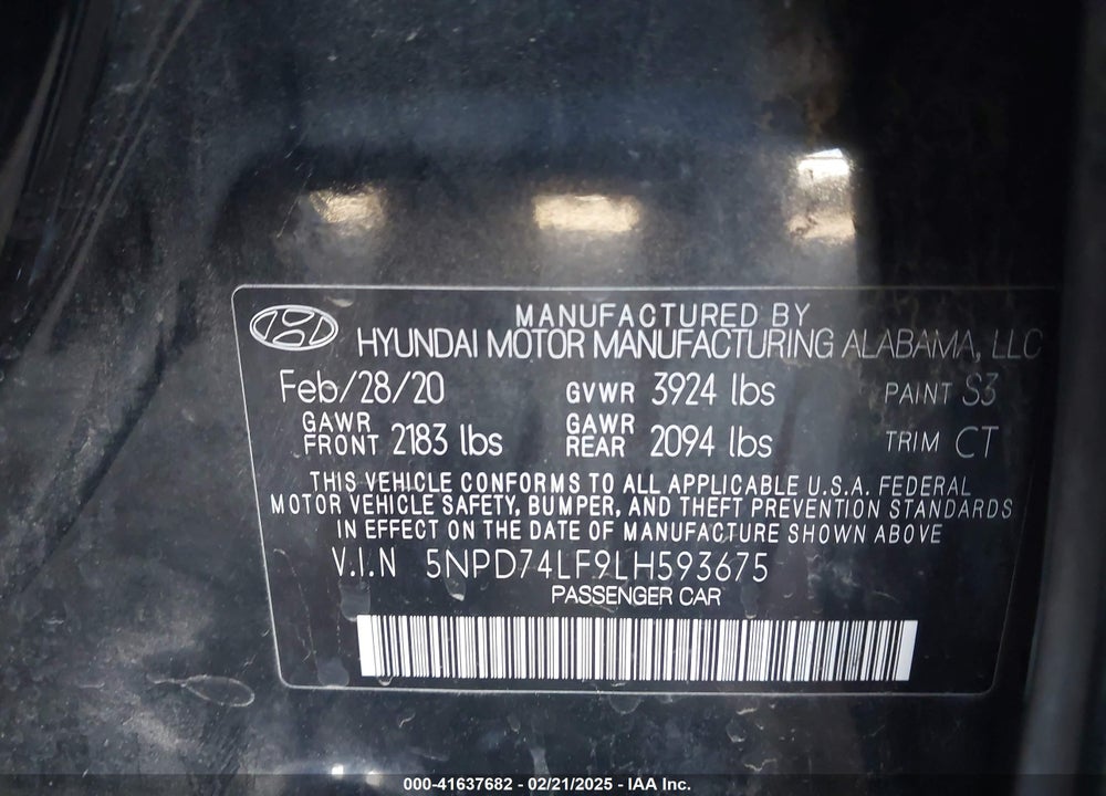 2020 HYUNDAI ELANTRA VIN: 5NPD74LF9LH593675