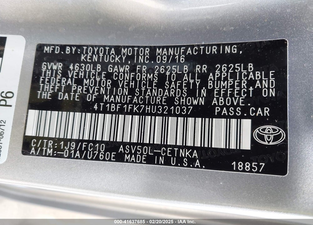 2017 TOYOTA CAMRY VIN: 4T1BF1FK7HU321037