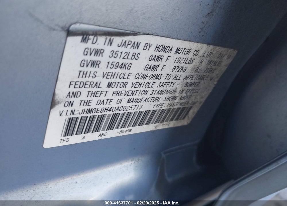 2010 HONDA FIT SPORT VIN: JHMGE8H40AC025713