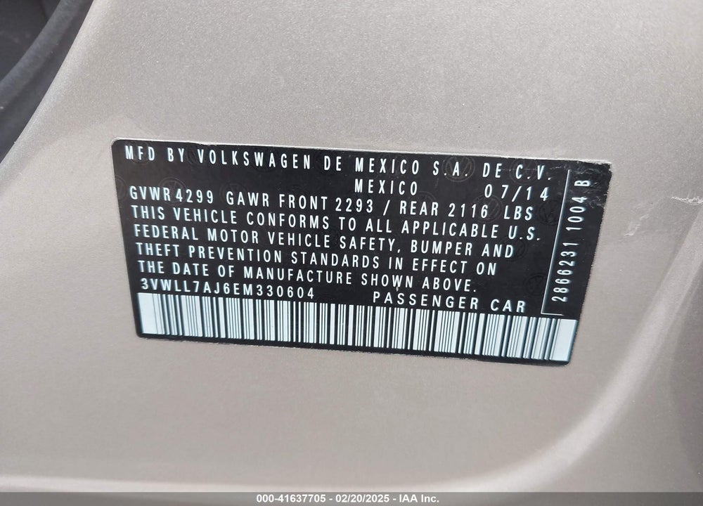 2014 VOLKSWAGEN JETTA VIN: 3VWLL7AJ6EM330604