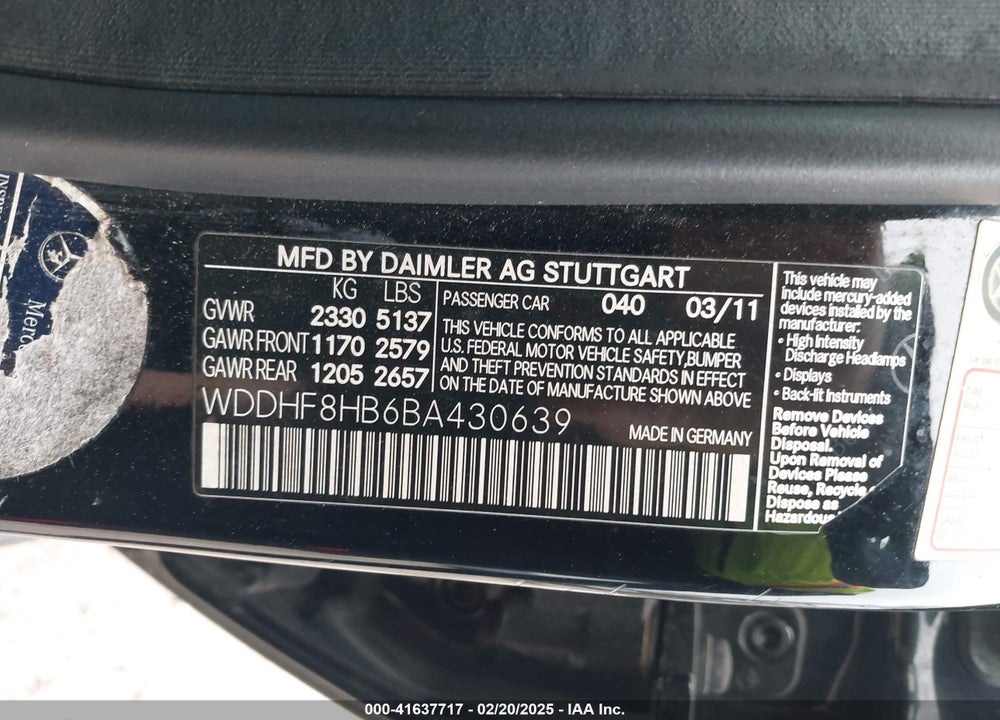 2011 MERCEDES-BENZ E 350 4MATIC VIN: WDDHF8HB6BA430639
