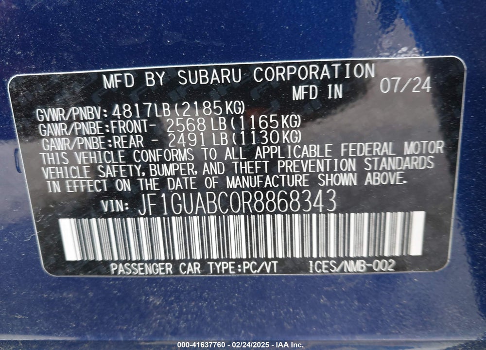 2024 SUBARU IMPREZA VIN: JF1GUABC0R8868343
