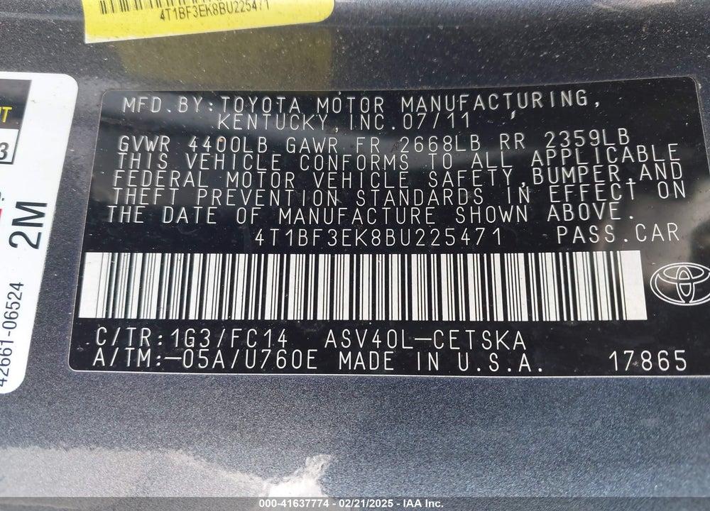 2011 TOYOTA CAMRY SE VIN: 4T1BF3EK8BU225471