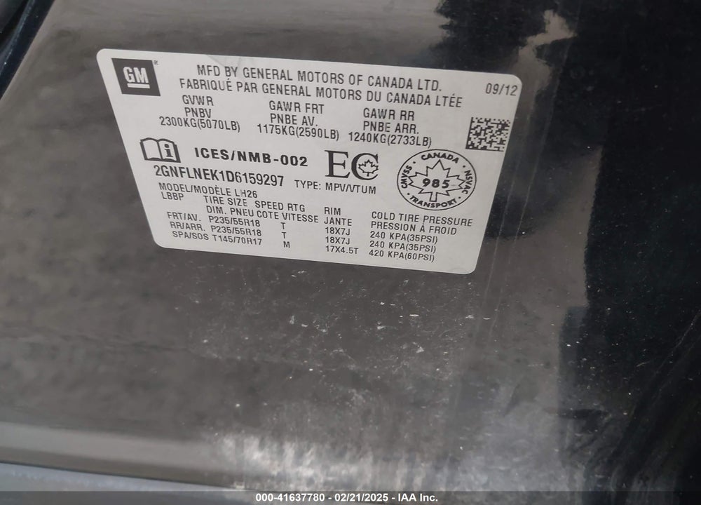 2013 CHEVROLET EQUINOX 2LT VIN: 2GNFLNEK1D6159297