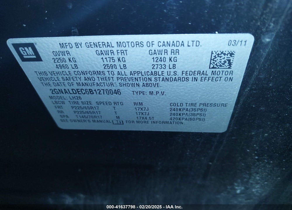 2011 CHEVROLET EQUINOX 1LT VIN: 2GNALDEC6B1270046