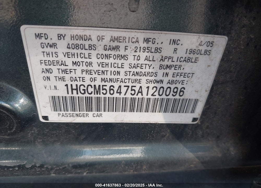 2005 HONDA ACCORD 2.4 LX VIN: 1HGCM56475A120096