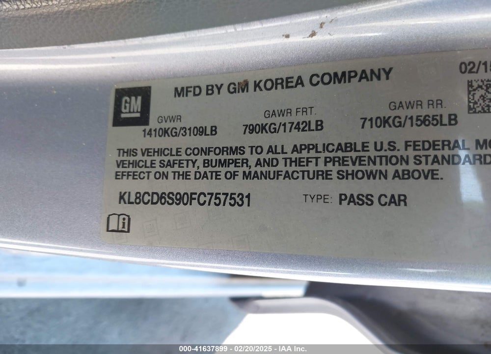 2015 CHEVROLET SPARK VIN: KL8CD6S90FC757531