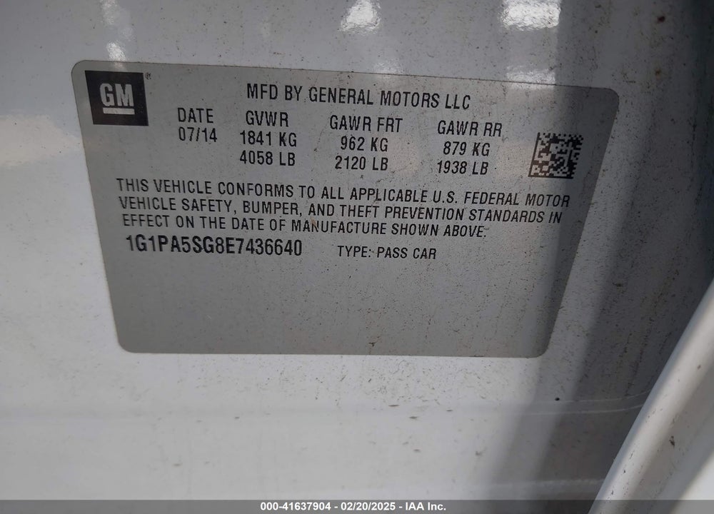 2014 CHEVROLET CRUZE VIN: 1G1PA5SG8E7436640
