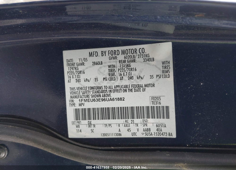 2006 FORD EXPLORER XLT VIN: 1FMEU63E96UA61882