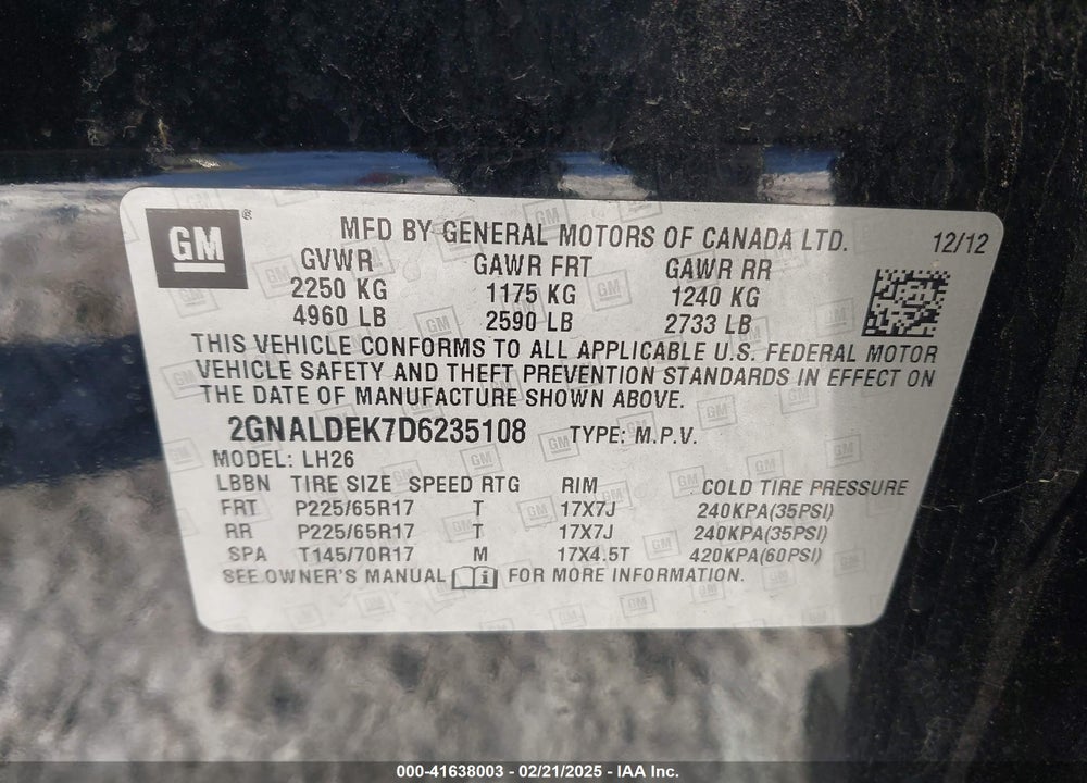 2013 CHEVROLET EQUINOX 1LT VIN: 2GNALDEK7D6235108
