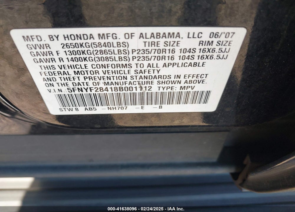 2008 HONDA PILOT EX VIN: 5FNYF28418B001112