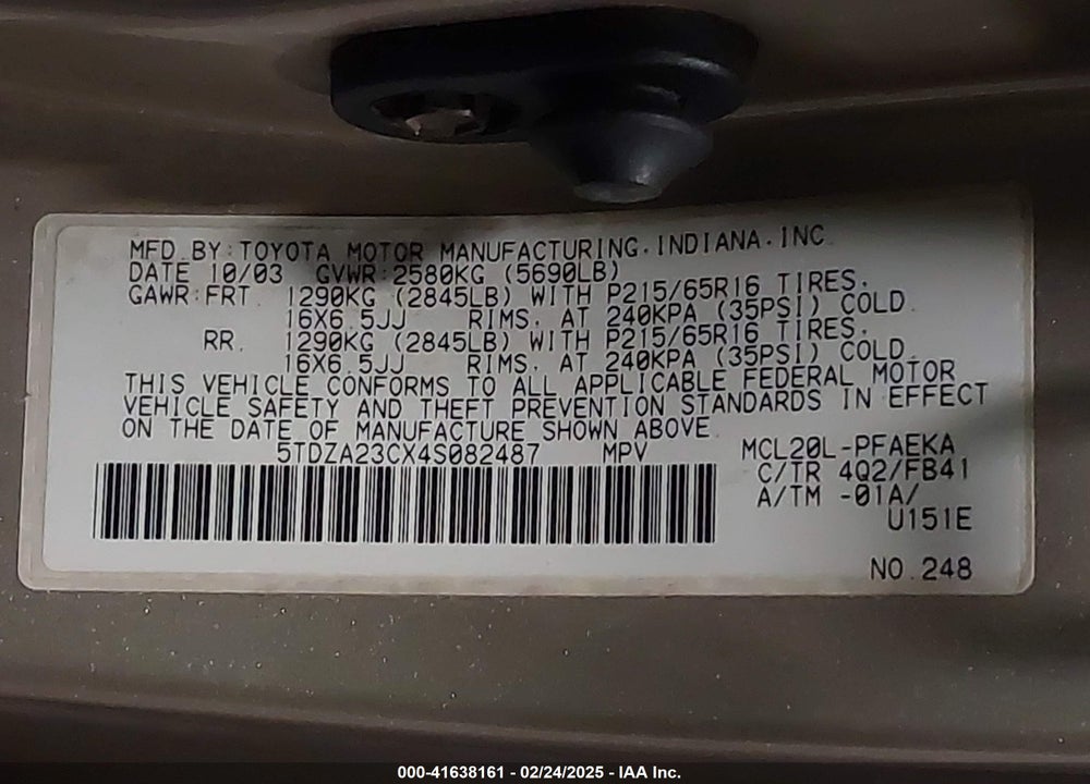 2004 TOYOTA SIENNA LE VIN: 5TDZA23CX4S082487