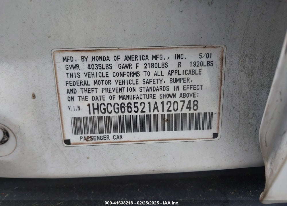 2001 HONDA ACCORD VIN: 1HGCG66521A120748