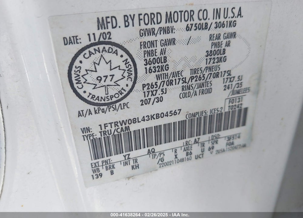 2003 FORD F-150 LARIAT/XLT VIN: 1FTRW08L43KB04567
