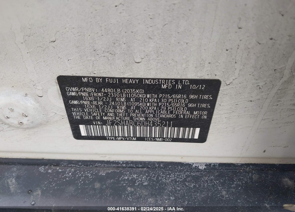 2013 SUBARU FORESTER VIN: JF2SHABC6DH435211