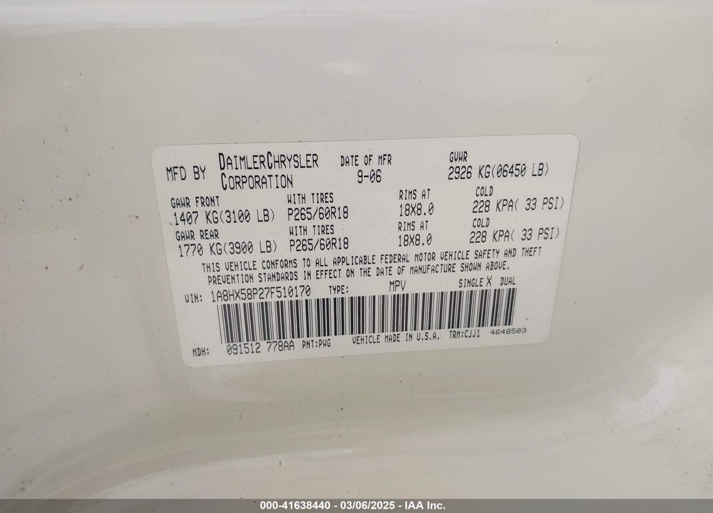 2007 CHRYSLER ASPEN LIMITED VIN: 1A8HX58P27F510170