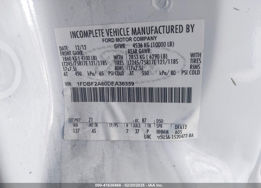 2013 FORD F-250 VIN: 1FDBF2A60DEA36359