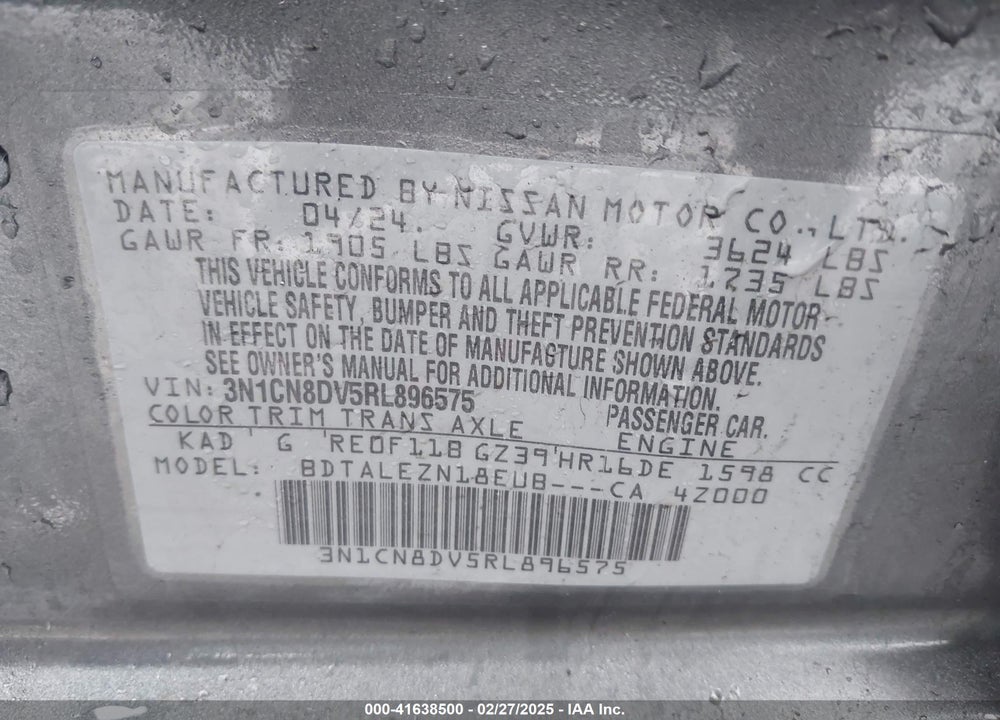 2024 NISSAN VERSA VIN: 3N1CN8DV5RL896575