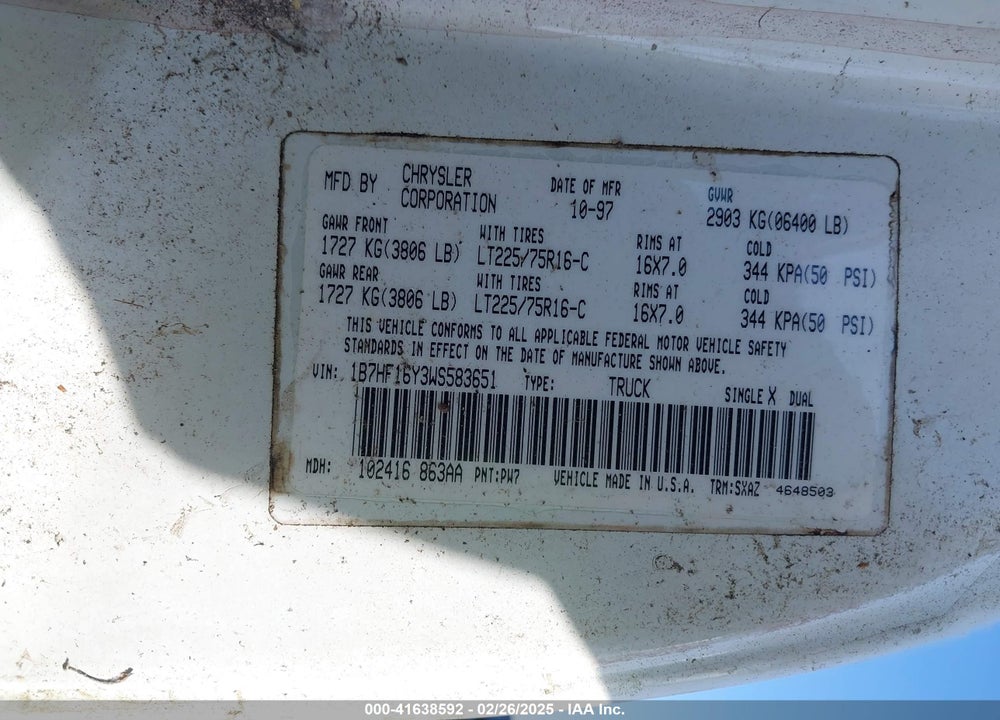 1998 DODGE RAM 1500 ST VIN: 1B7HF16Y3WS583651